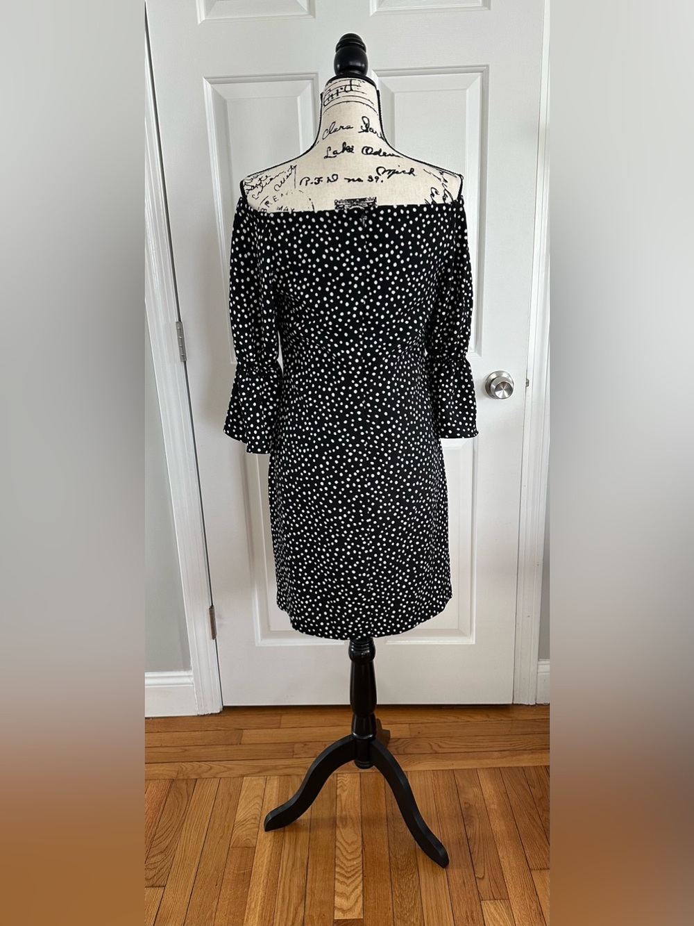 Ralph Lauren Black & White Polka Dot Off Shoulder Dress Size Long Sleeve 8P NWT